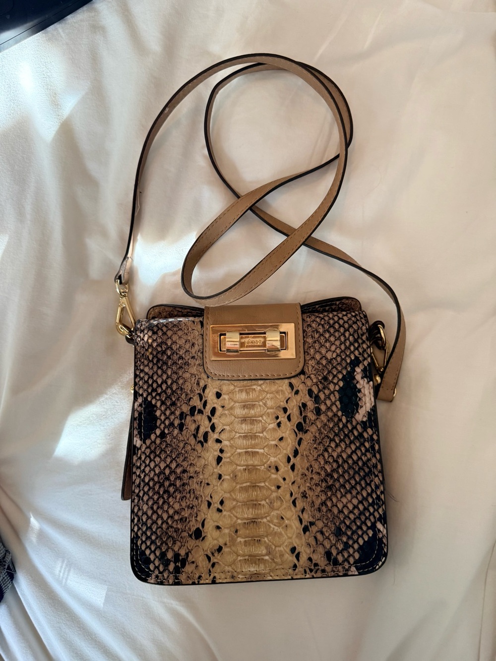 Victor Alfaro Snake-Embossed Crossbody in Beige and Black